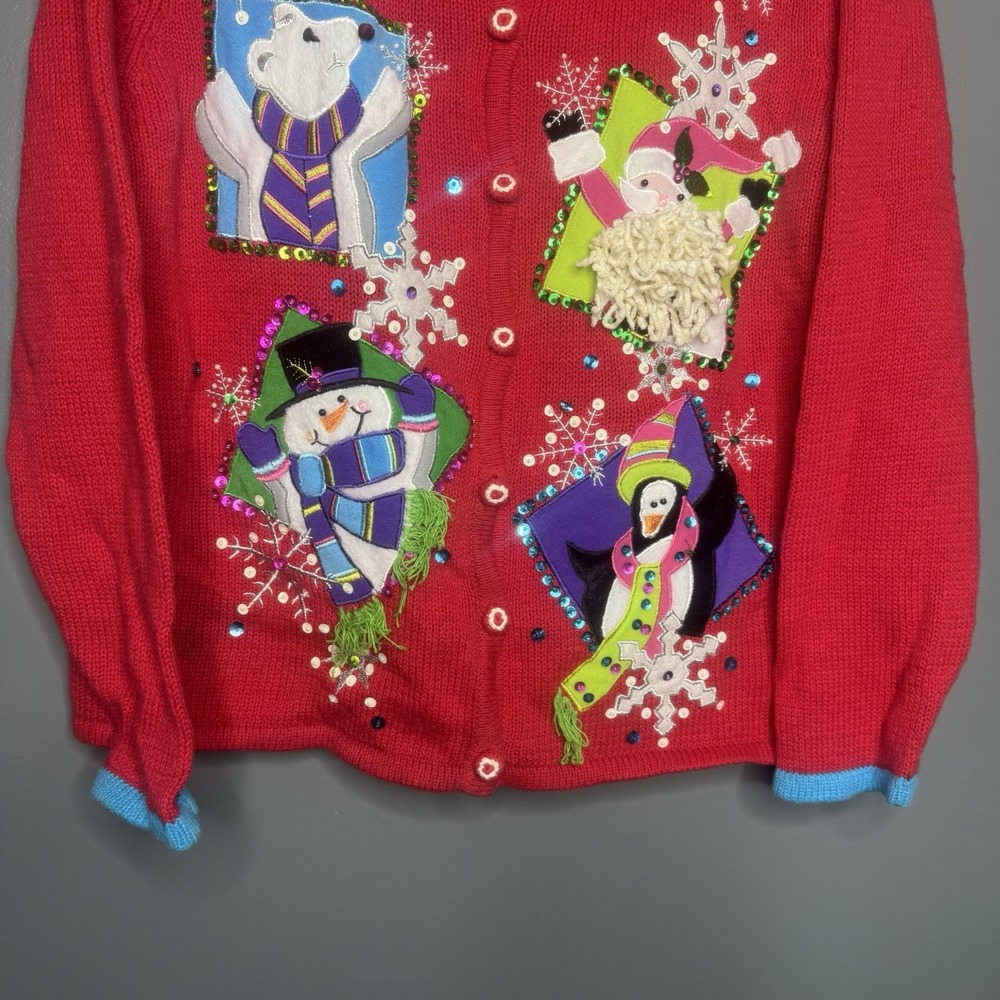 Vintage Ugly Christmas Sweater Size XL Red Chunky Cardigan Snowman Santa Penguin - Picture 3 of 7